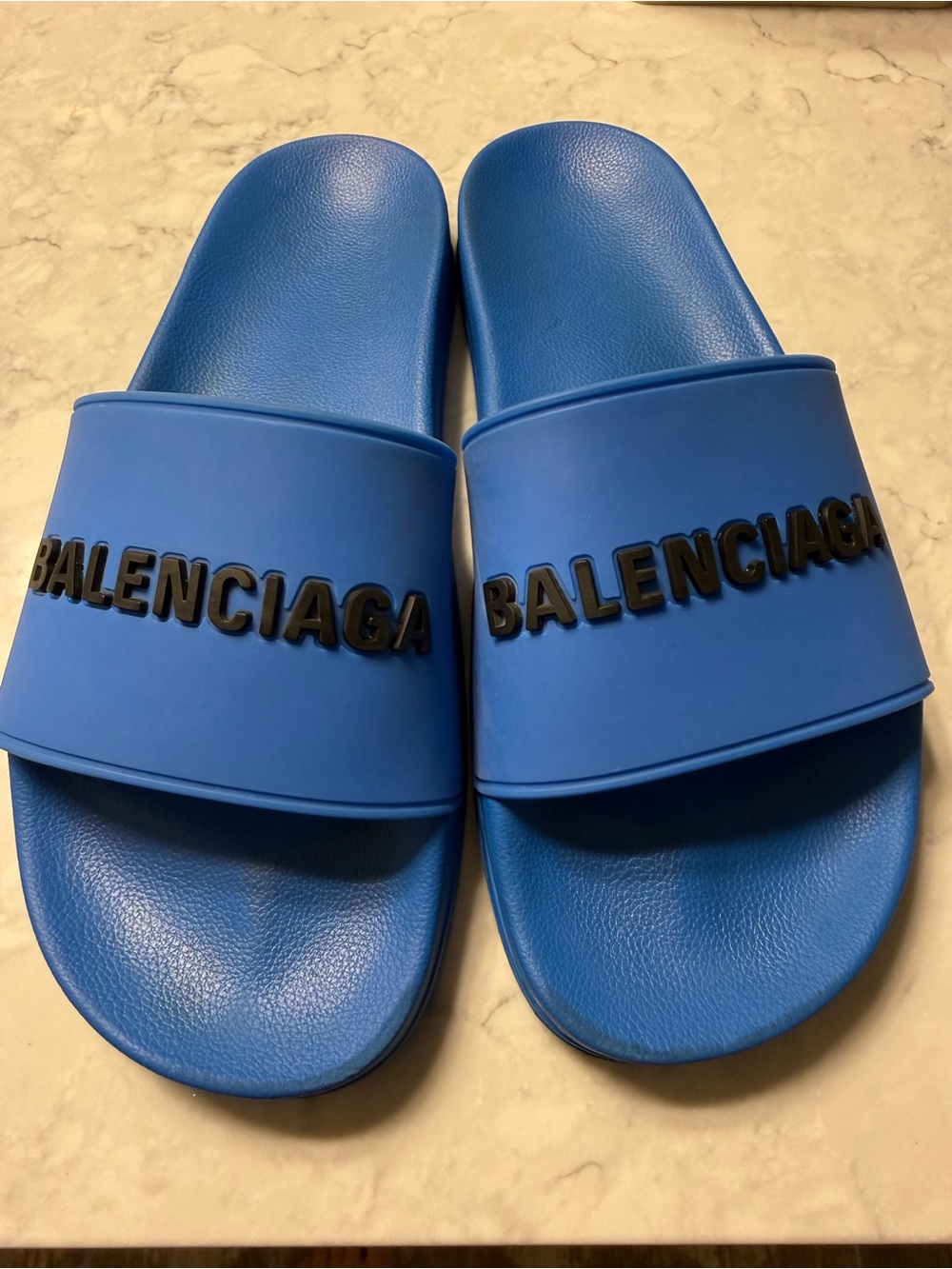 Balenciaga Mens Royal Blue Logo Slide Sandals